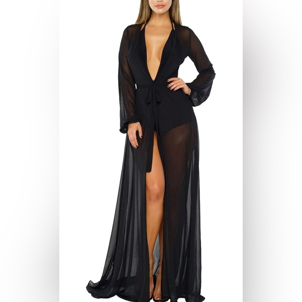 BLACK Women's Long Sleeve Flowy Maxi Swimsuit Duster *NEW*